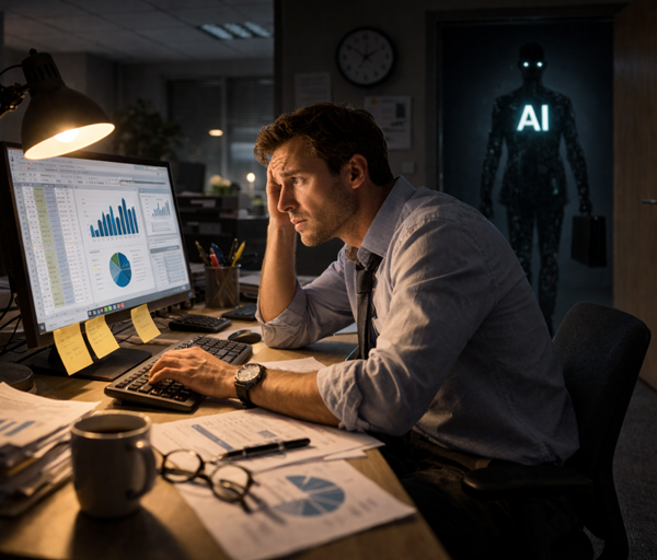 Stressed office worker analysing data on computer late at night while faintly glowing humanoid AI figure stands in doorway behind him