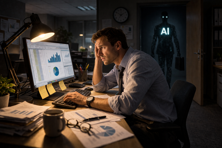 Stressed office worker analysing data on computer late at night while faintly glowing humanoid AI figure stands in doorway behind him