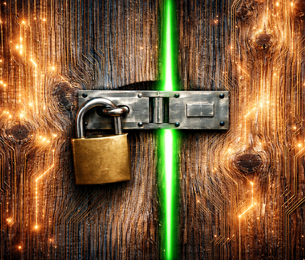 Old wooden double doors with glowing circuitry grain shimmer softly as bright green light shines through the central crack