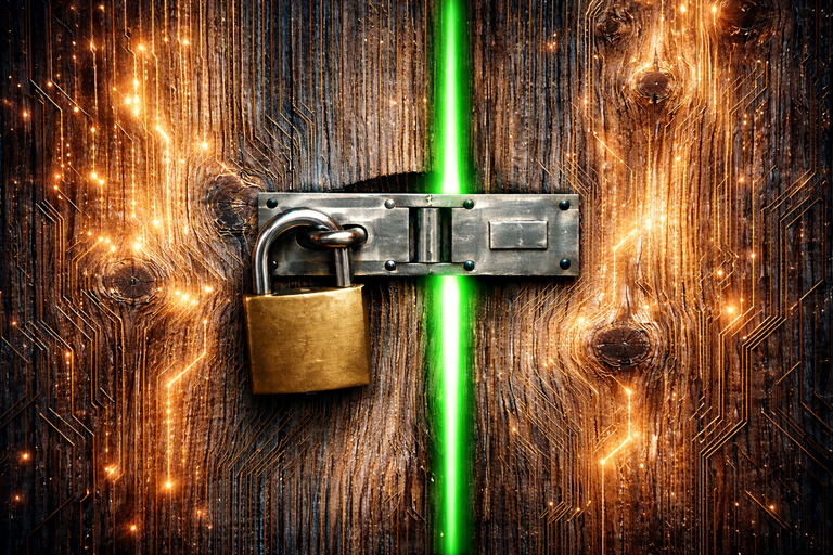 Old wooden double doors with glowing circuitry grain shimmer softly as bright green light shines through the central crack