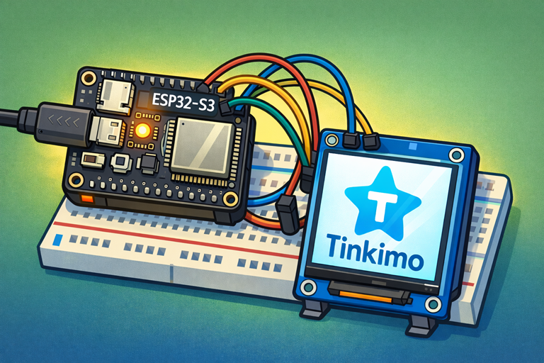 Cartoon illustration of ESP32-S3 connected to small colour display showing Tinkimo logo on breadboard with simple wires and clean background