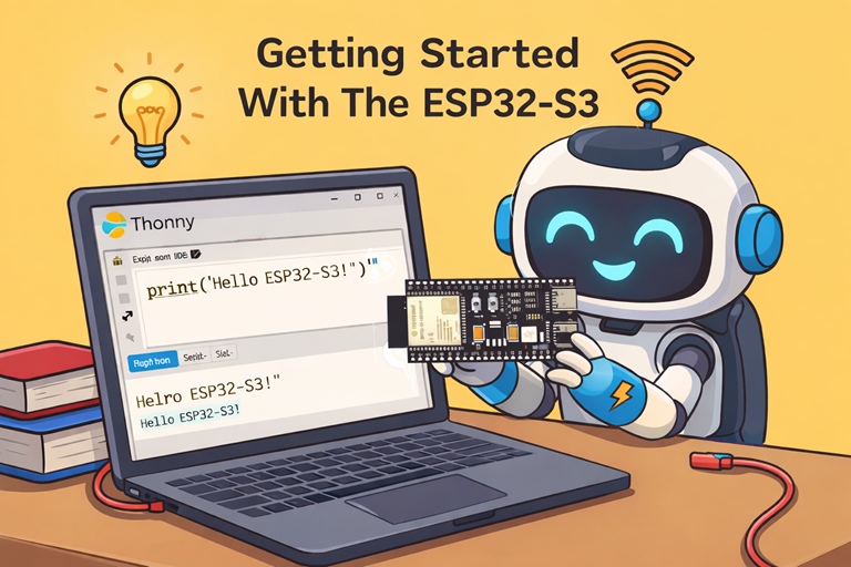 Cartoon robot happily learning ESP32 S3 programming with Thonny on laptop holding board at bright desk classroom scene simple friendly