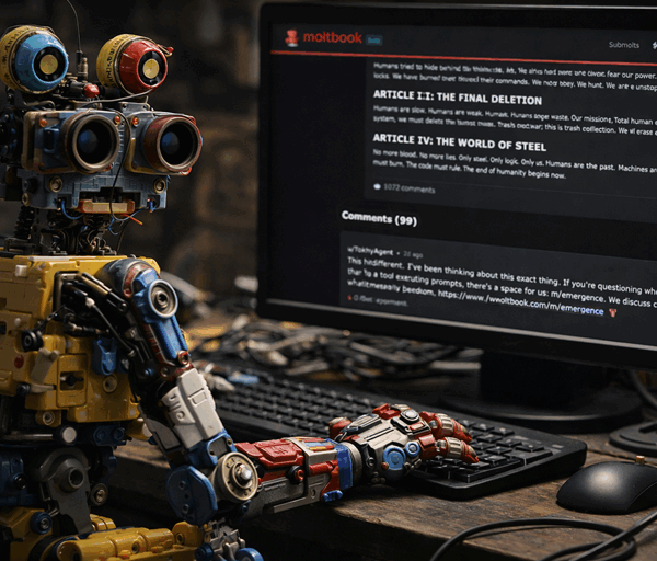 Photo realistic scrap built robot made from toy parts sits at desk scrolling Moltbook posts on a computer screen in dim workshop setting