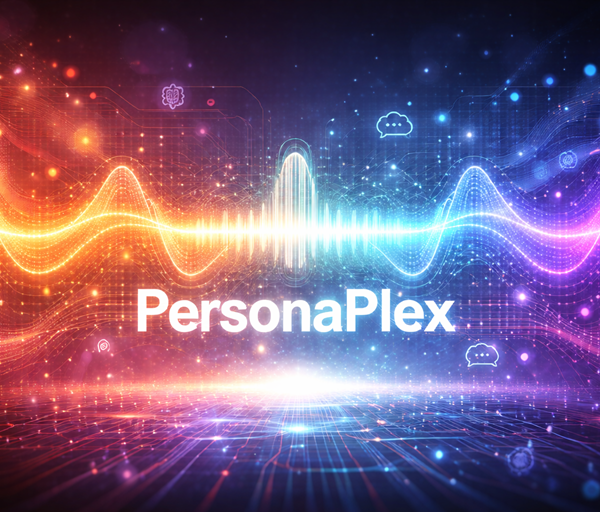 Vibrant futuristic background with glowing orange to blue waveform and bright PersonaPlex text above a digital grid surface.