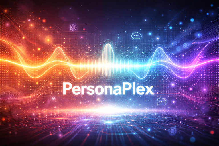 Vibrant futuristic background with glowing orange to blue waveform and bright PersonaPlex text above a digital grid surface.
