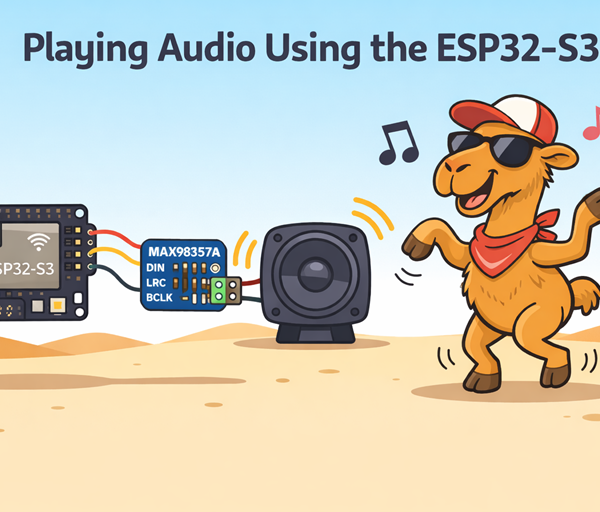 Cartoon ESP32 S3 connected to amplifier and speaker playing music while a sunglasses wearing camel dances happily in desert scene