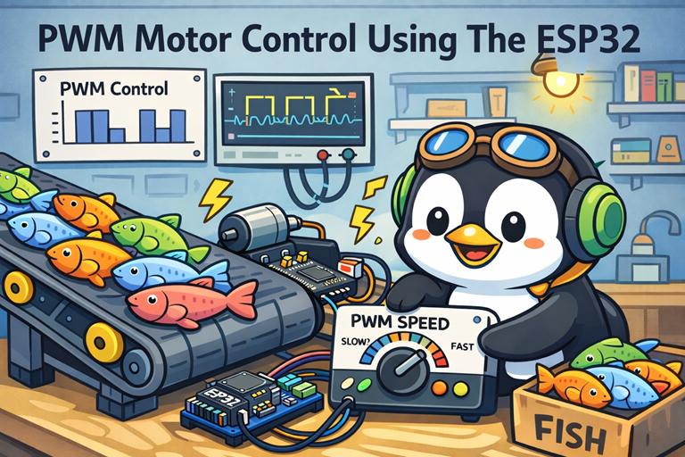 Cartoon penguin adjusts PWM speed dial controlling conveyor belt full of colorful fish using ESP32 and motor driver board