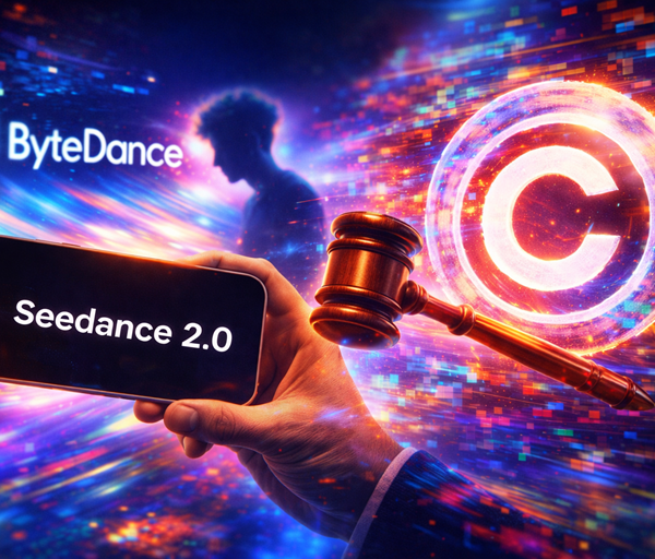 Vibrant digital scene showing glowing copyright symbol, judges gavel and smartphone against colourful data background representing AI copyright dispute