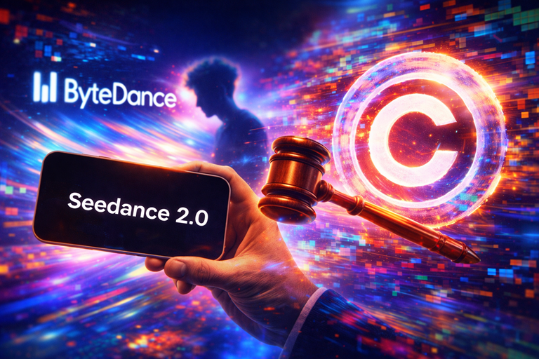 Vibrant digital scene showing glowing copyright symbol, judges gavel and smartphone against colourful data background representing AI copyright dispute