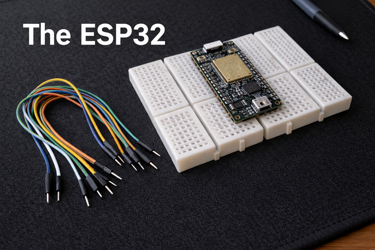 Photo shows an ESP32 on breadboards atop a black mat, with jumper wires nearby and the title The ESP32 visible.