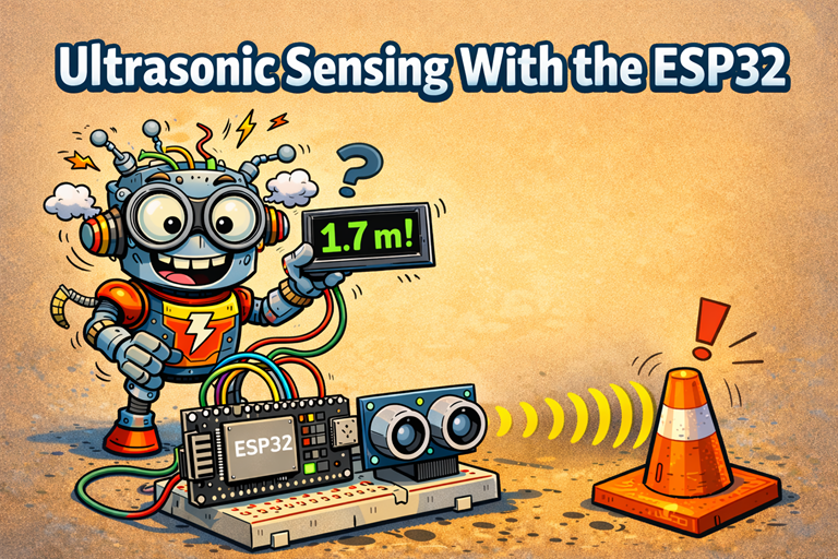 Cartoon robot uses an ESP32 and ultrasonic sensor to measure distance to a cone with playful sound waves background illustration