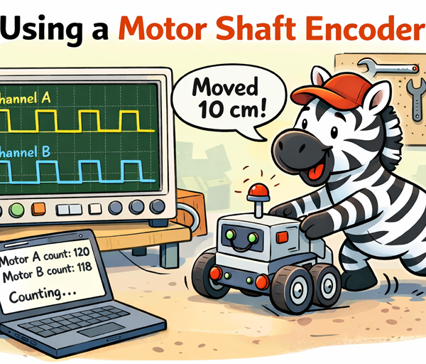 Cartoon zebra pushes small robot while oscilloscope shows encoder waveforms and laptop displays motor counts in workshop setting