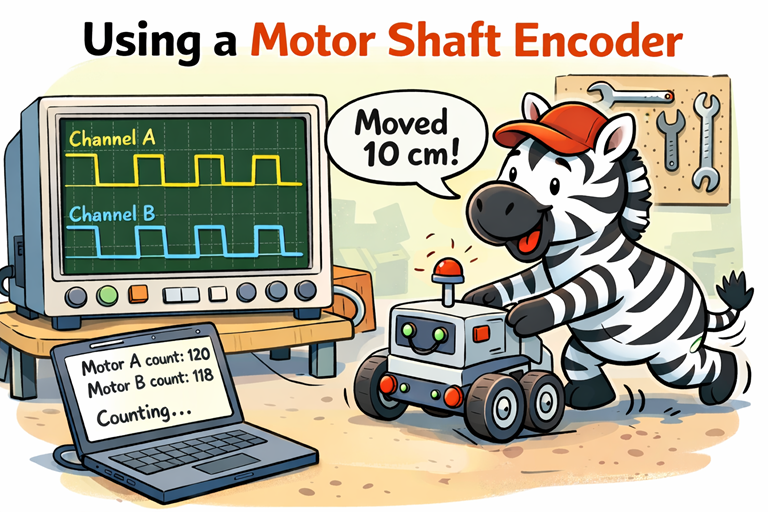 Cartoon zebra pushes small robot while oscilloscope shows encoder waveforms and laptop displays motor counts in workshop setting