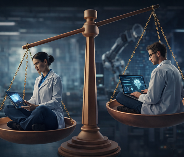 Male and female scientists sit cross legged in weighing scales inside futuristic lab, symbolising gender imbalance in artificial intelligence research.