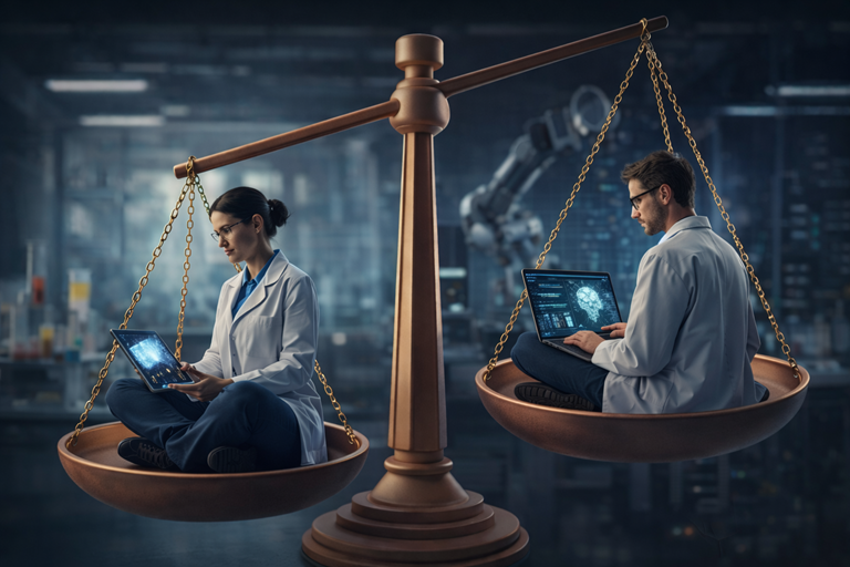 Male and female scientists sit cross legged in weighing scales inside futuristic lab, symbolising gender imbalance in artificial intelligence research.