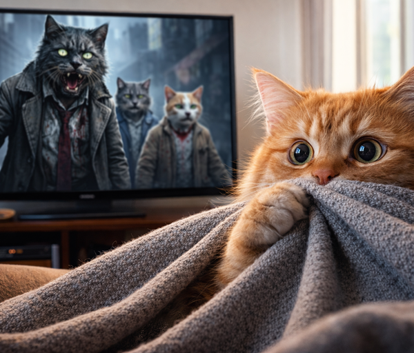 Fluffy orange cat hides under blanket, wide eyed, watching television showing zombie cats dressed as humans chasing frightened cats