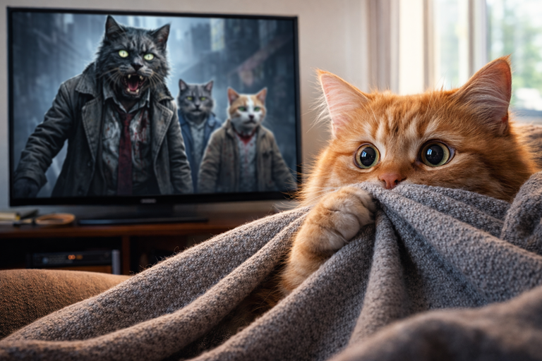 Fluffy orange cat hides under blanket, wide eyed, watching television showing zombie cats dressed as humans chasing frightened cats