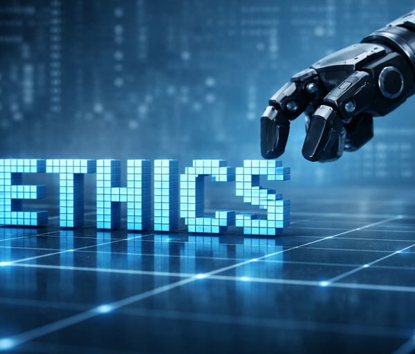Robotic gripper reaching toward glowing pixelated word ETHICS on futuristic grid, symbolising artificial intelligence oversight, digital ethics, and responsible technology governance.