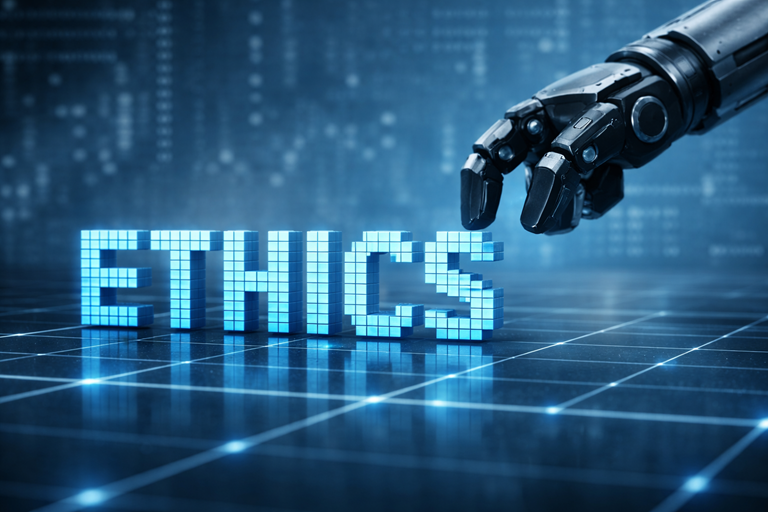Robotic gripper reaching toward glowing pixelated word ETHICS on futuristic grid, symbolising artificial intelligence oversight, digital ethics, and responsible technology governance.