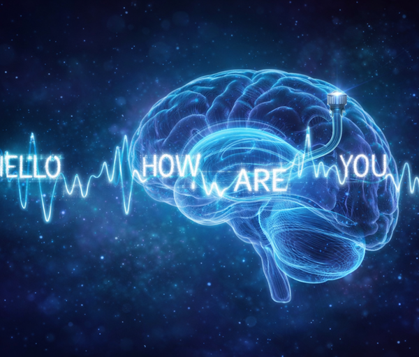 Glowing human brain with neural implant emits waveform signals that form words, illustrating thought to speech technology in futuristic digital scene