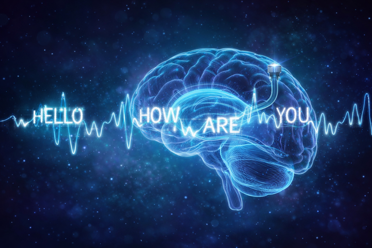 Glowing human brain with neural implant emits waveform signals that form words, illustrating thought to speech technology in futuristic digital scene
