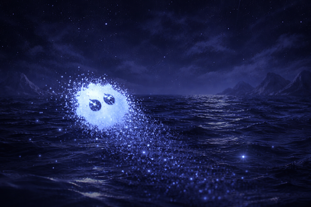 Cute glowing AI character dissolving into sparkling particles over dark ocean at night, with distant mountains and stars creating a sad mood