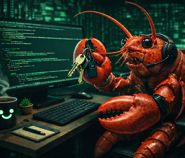 A lobster wearing headset working at computer desk with coding screen, holding keys, smiling coffee mug beside keyboard in green matrix style office.