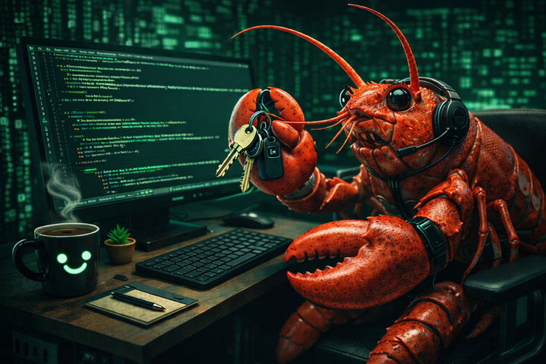 A lobster wearing headset working at computer desk with coding screen, holding keys, smiling coffee mug beside keyboard in green matrix style office.