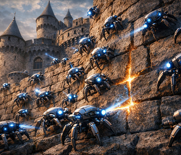 Tiny futuristic robots crawl over a large stone castle, inspecting glowing cracks in the walls as light shines through gaps