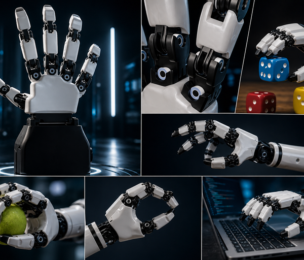 Futuristic robotic hand performs precise tasks gripping objects typing and manipulating items highlighting dexterity human like movement and advanced mechanical design