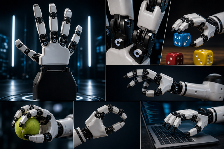 Futuristic robotic hand performs precise tasks gripping objects typing and manipulating items highlighting dexterity human like movement and advanced mechanical design