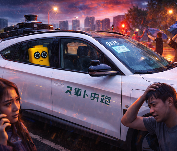 Sad yellow robot sits in backseat of stalled white robot taxi as frustrated passengers stand outside in rainy city traffic