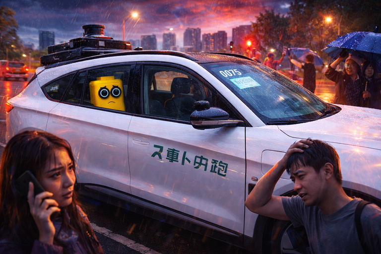Sad yellow robot sits in backseat of stalled white robot taxi as frustrated passengers stand outside in rainy city traffic