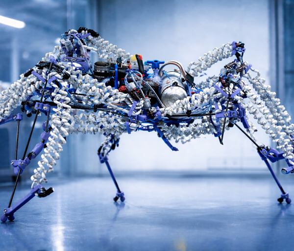 Quadruped robot with coiled artificial muscles stands in lab, showing flexible limbs, lightweight structure, and advanced bio inspired movement system