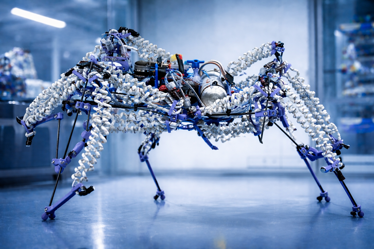 Quadruped robot with coiled artificial muscles stands in lab, showing flexible limbs, lightweight structure, and advanced bio inspired movement system