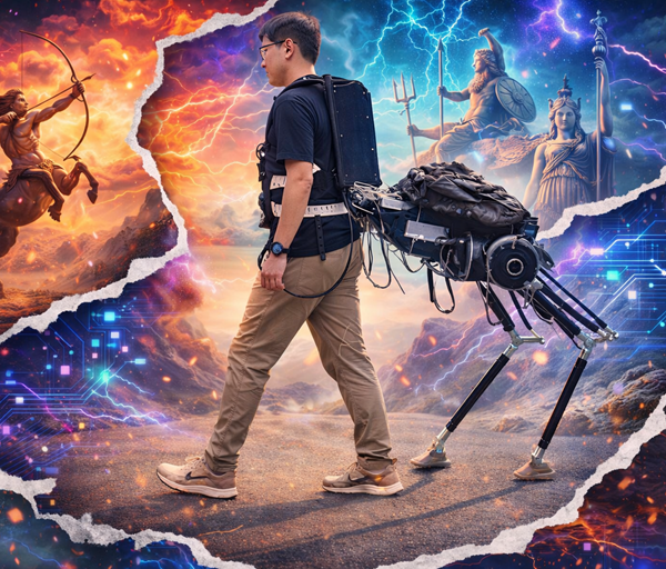 Man walks wearing robotic centaur device with mechanical legs, set against vibrant futuristic and mythological background with torn paper effect