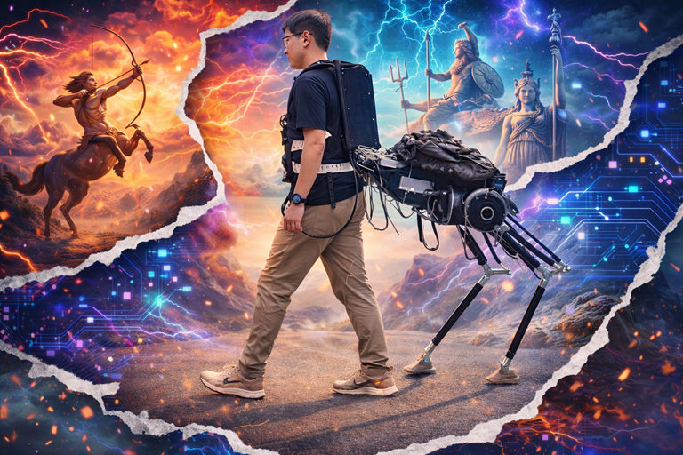 Man walks wearing robotic centaur device with mechanical legs, set against vibrant futuristic and mythological background with torn paper effect