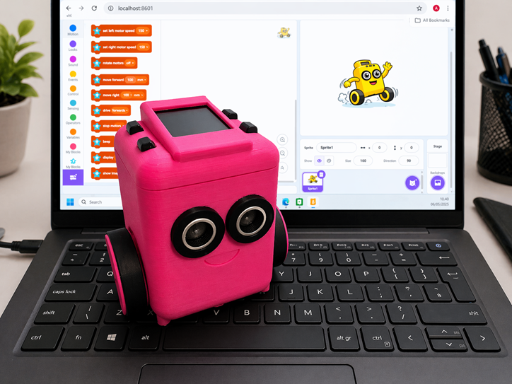 Small pink robot sits on a laptop keyboard in front of a coding screen showing a Scratch style programming interface