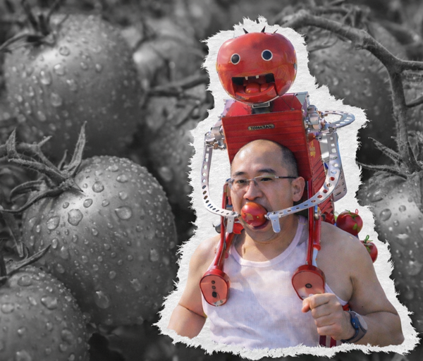 Runner wearing tomato feeding robot with mechanical arms delivers tomatoes mid race against greyscale tomato background with torn paper effect