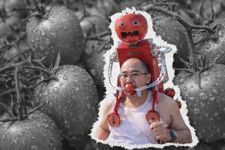 Runner wearing tomato feeding robot with mechanical arms delivers tomatoes mid race against greyscale tomato background with torn paper effect