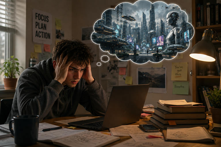 A man looking overwhelmed contemplating the future.