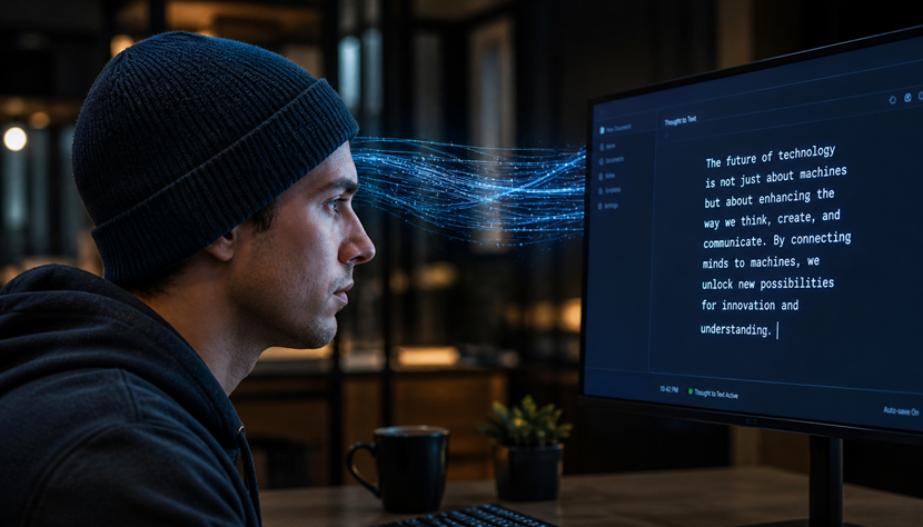 Person wearing a simple beanie focuses on computer as glowing data streams flow from head, representing thoughts being converted into text