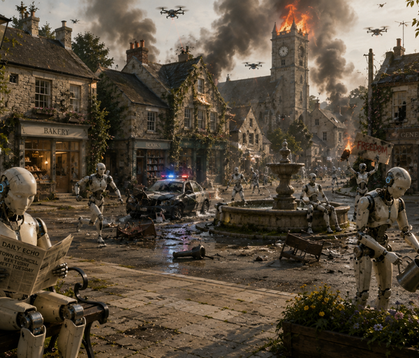 Humanoid robots wander peaceful village streets while fires, smoke and chaos erupt in background as autonomous AI society collapses into disorder.