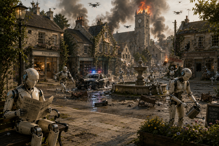 Humanoid robots wander peaceful village streets while fires, smoke and chaos erupt in background as autonomous AI society collapses into disorder.