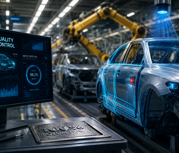 Modern car factory where engineers and AI powered quality systems work together inspecting vehicle production to improve reliability and manufacturing standards.
