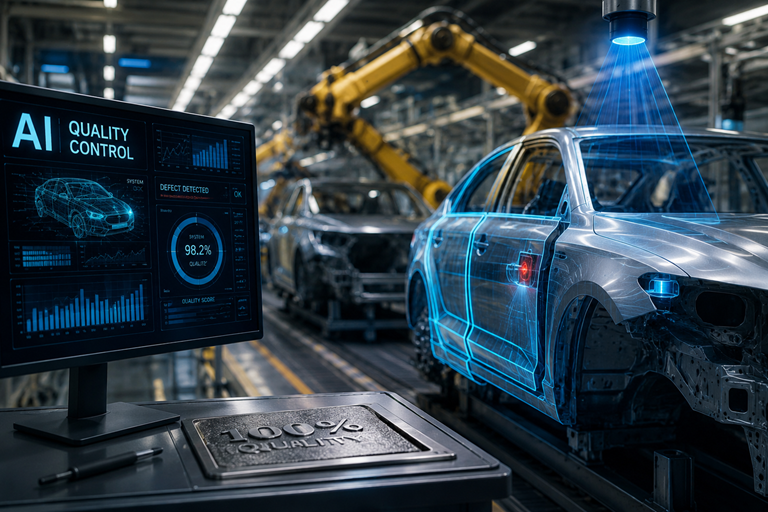 Modern car factory where engineers and AI powered quality systems work together inspecting vehicle production to improve reliability and manufacturing standards.