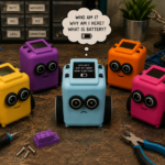 A picture of 4 small robots huddles around one that is questioning the meaning of battery.