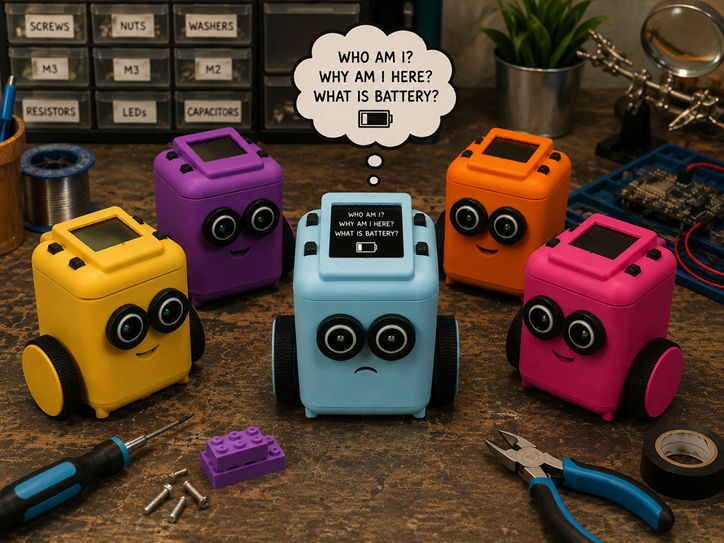 A picture of 4 small robots huddles around one that is questioning the meaning of battery.