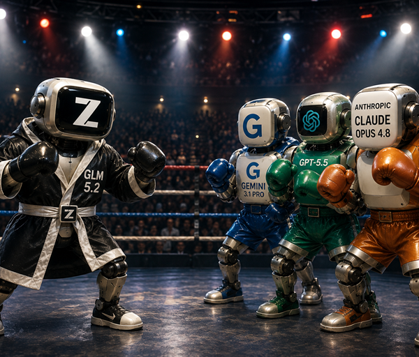 Robot boxer representing GLM 5.2 faces GPT, Gemini and Claude robots in a dramatic arena showdown under bright spotlights.