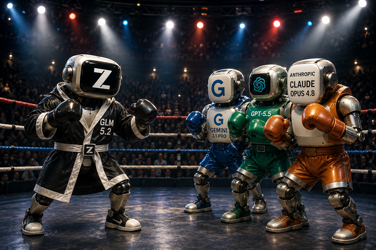 Robot boxer representing GLM 5.2 faces GPT, Gemini and Claude robots in a dramatic arena showdown under bright spotlights.